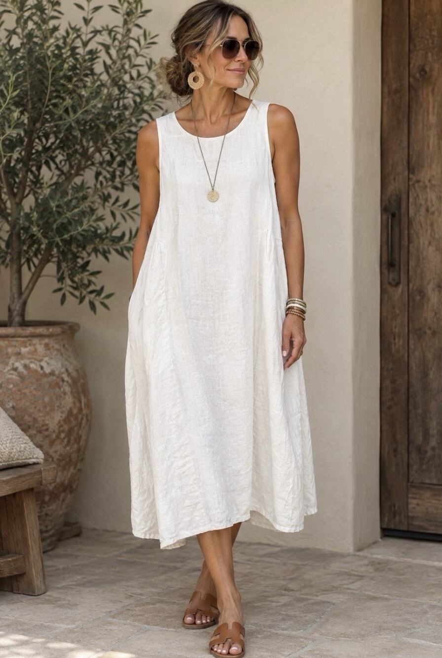 Gudrun Sjoden White Ecru Midi Dress Linen Lagenlook Minimalist XL Modest Ad13